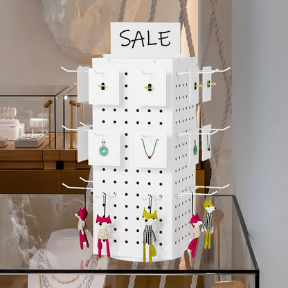 SIBRANT Rotating Pegboard Display Stand With 24 Hooks,Spinning Peg Board Displays,Tabletop Metal Pegboard Shelf for Craft Shows & Fairs, Retail Stores, Vendors Arts and Crafts (White)