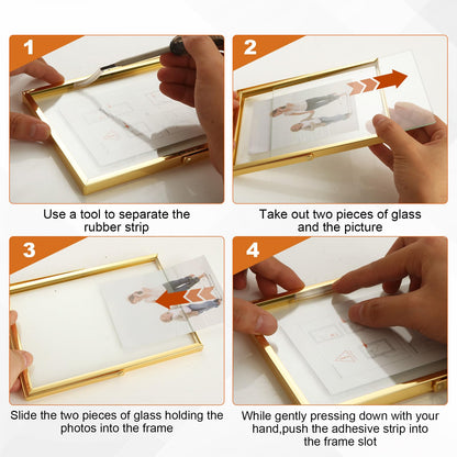 WOPPLXY 5 "x 7" Gold Floating Frames Set of 3, Pressed Glass Floating Frames, Vertical Adjustable Tabletop/Shelf Photo Frame, Gold Floating Picture Frame for 4 x 6,3 x 5 Photo Tabletop Display