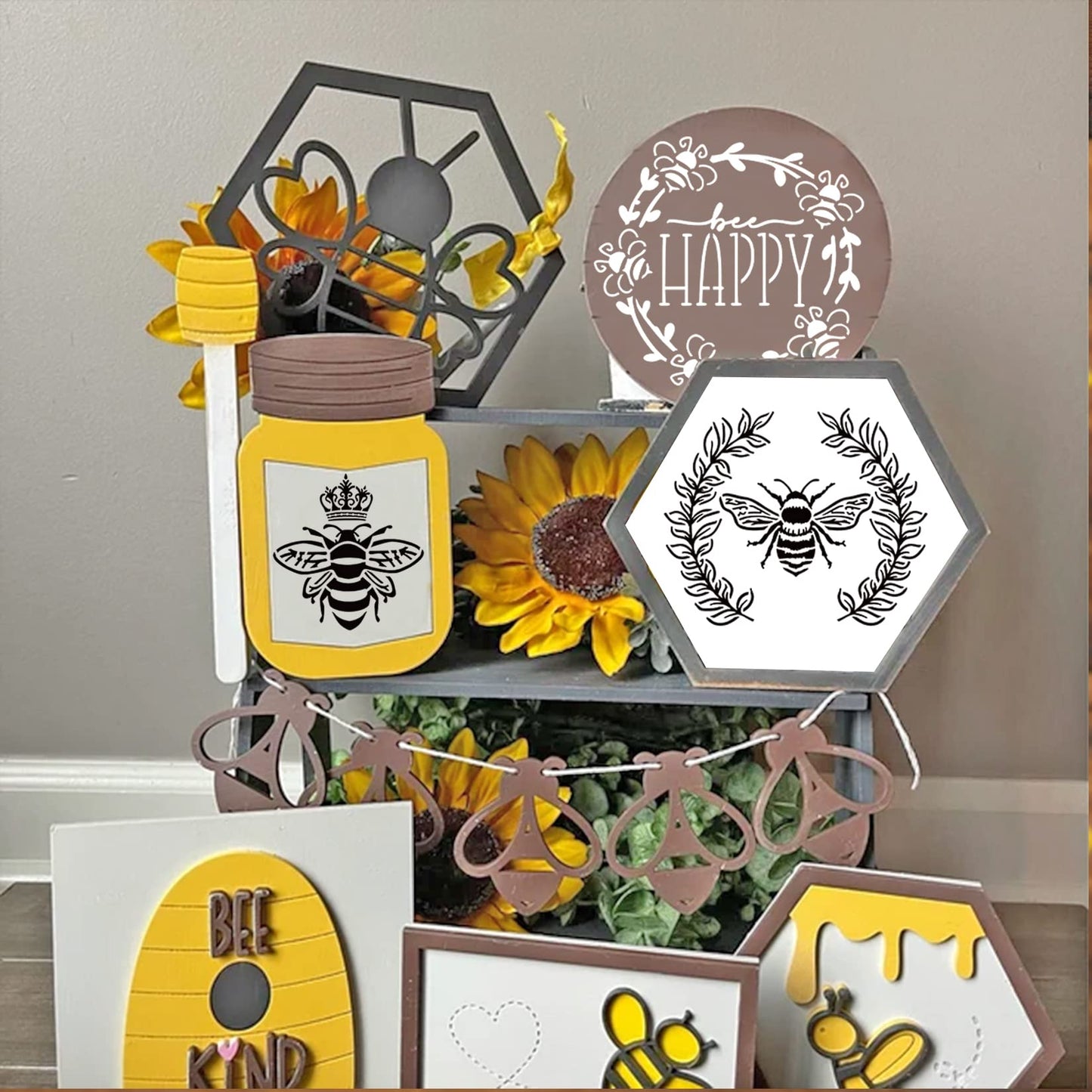 Bee Honeycomb Stencil, Reusable Bee Stencils for Painting on Wood Signs Furniture DIY Crafts Wall Canvas Fabric Plastic Drawing Template Hexagon Paint Wood Burning Stencils (16bee)