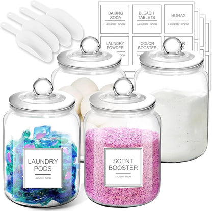 Half Gallon Glass Jars, Large Airtight Containers with Scoop and Labels for Laundry, Kitchen, and Pantry Storage, Set