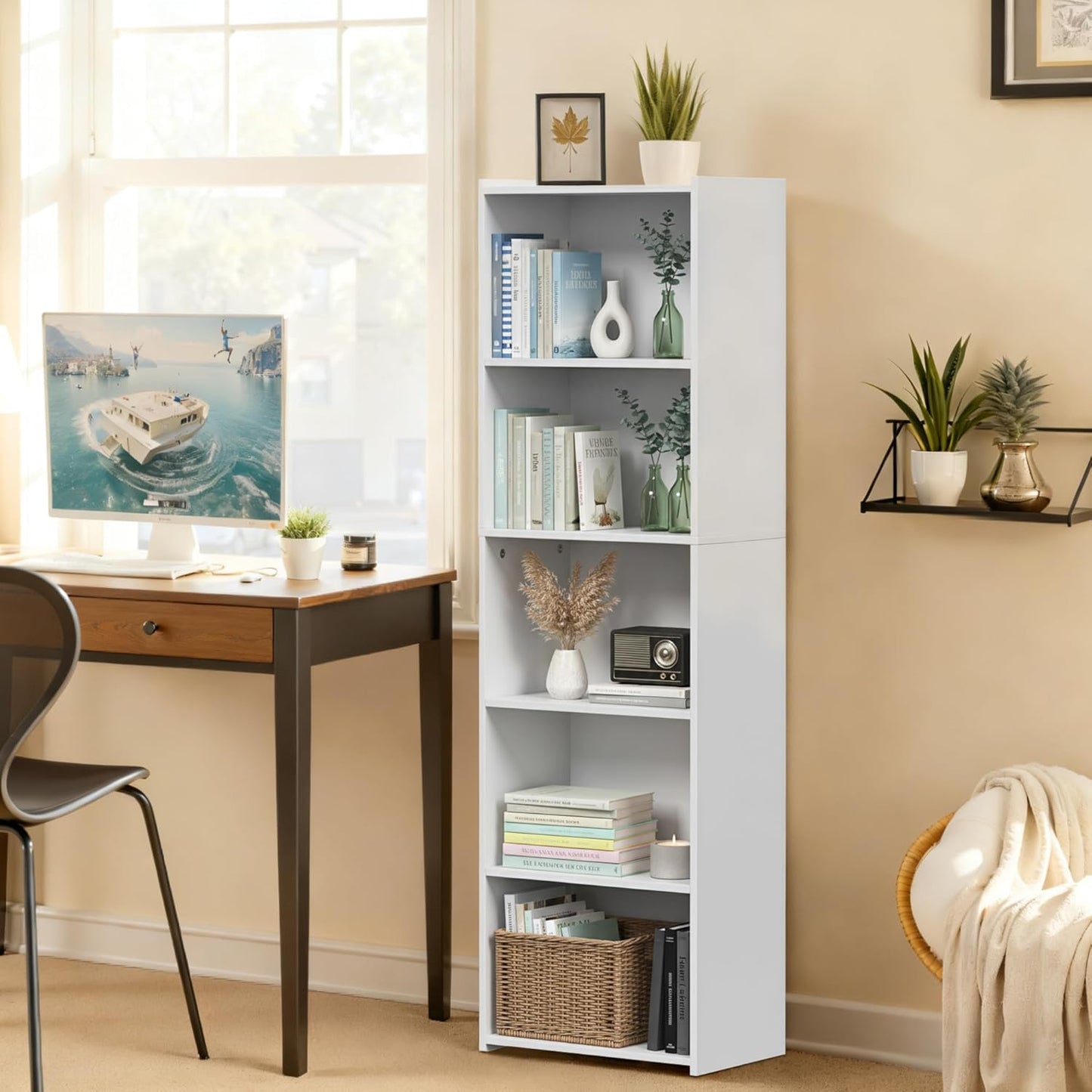 5-Tier ZENY Shelf Bookcase, Freestanding Wood Storage Display Open Bookshelf for Home Office, White