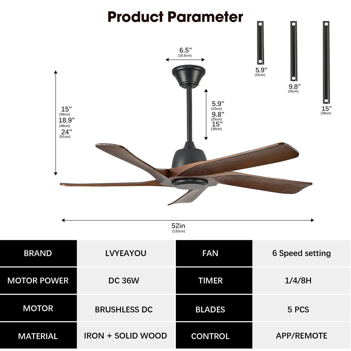 LVYEAYOU 52 Inch Solid Wood Ceiling Fan No Lights, Remote and APP Control, DC Motor, 6-speed Reversible, for Bedroom, Living Room, Office, Dark Walnut