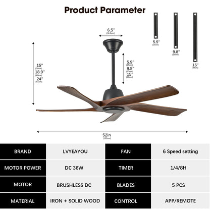 LVYEAYOU 52 Inch Solid Wood Ceiling Fan No Lights, Remote and APP Control, DC Motor, 6-speed Reversible, for Bedroom, Living Room, Office, Dark Walnut