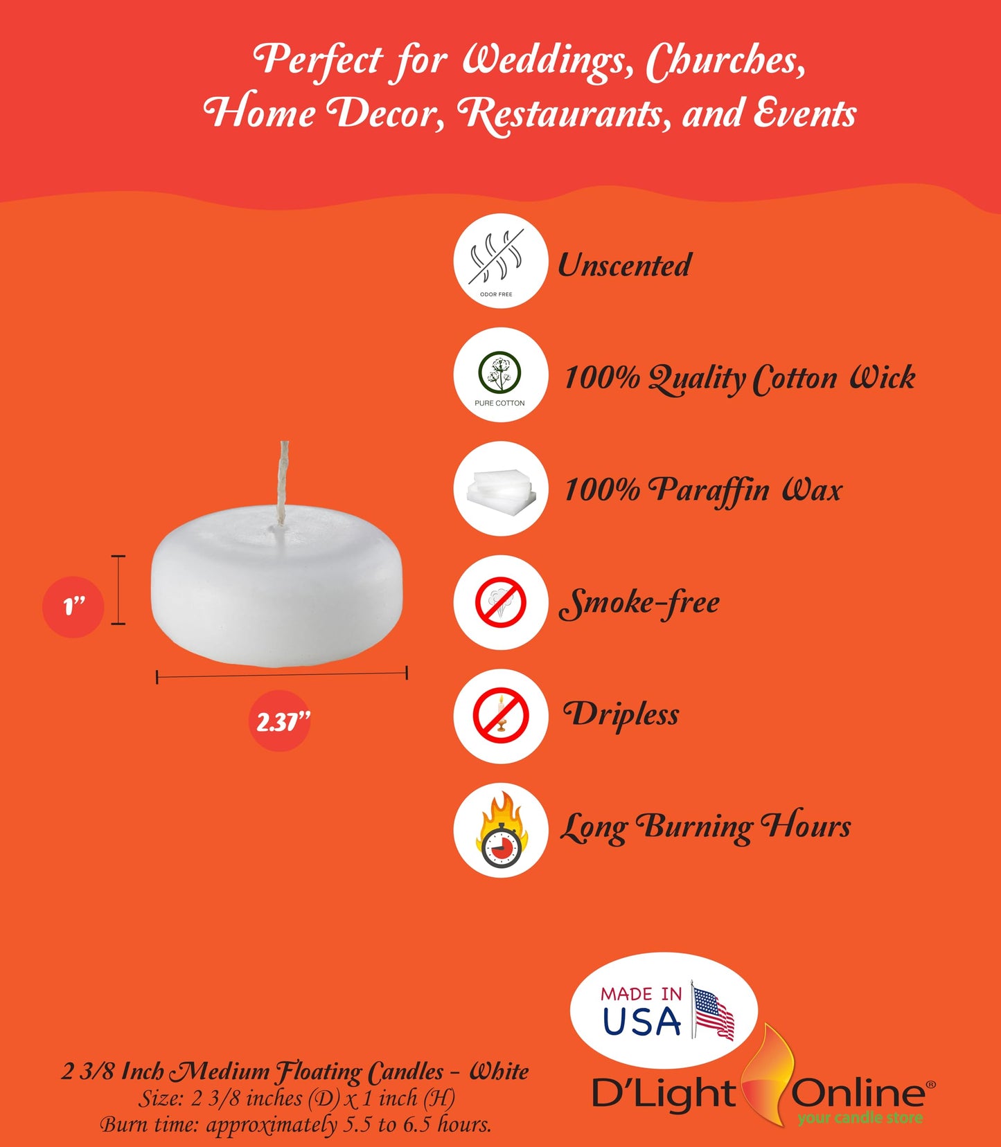 D'light Online Medium Floating Candles 2 3/8 Inch Bulk Pack for Events Floating Candles for Weddings, Spa, Home Decor, Special Occasions and Holiday Decor (Set of 96, White)