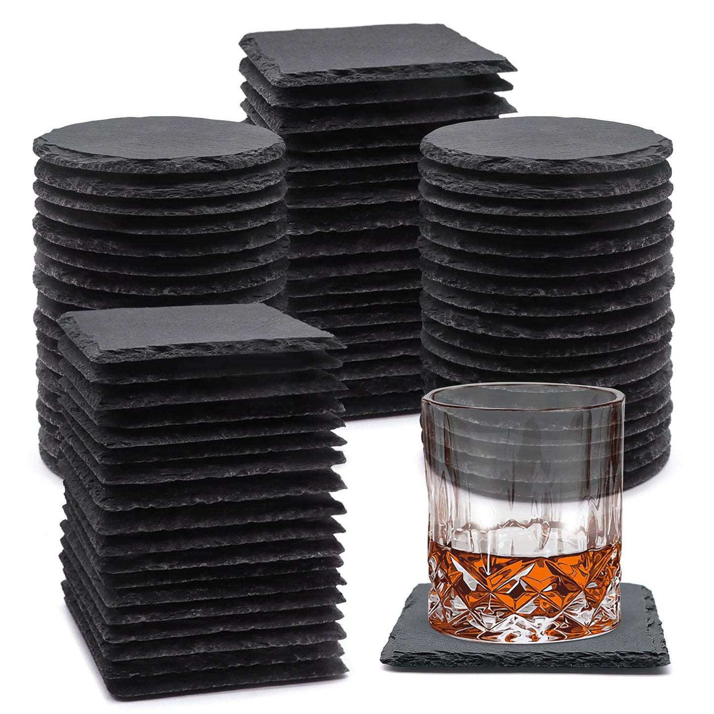 72 Pack Slate Drink Coasters, VIBRATITE 4 Inch Square and Round Black Slate Stone Coaster Bulk Laser Engraving Blank Handmade Decor Coasters for Coffee Bar Kitchen Home (36 Sqaure, 36 Round)