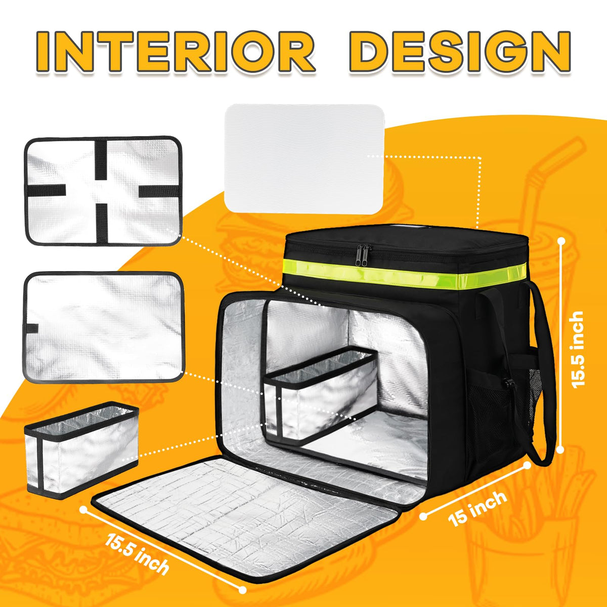 Ytonet Food Delivery Backpack with 7 Cup Holders, Extra Large Insulated Delivery Bags for Hot/Cold Food, Expandable Insulated Pizza Bag for Bike Fits for Uber Eat, Grubhub, Doordash, Black