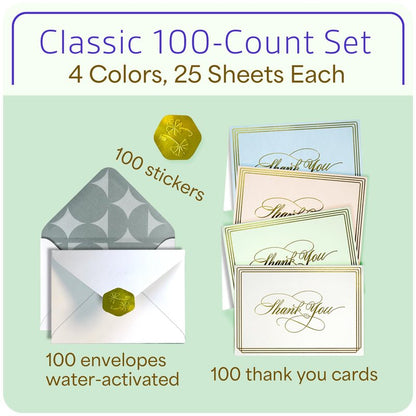 ukee's Thank You Cards with Envelopes 100-Pack, Blank Inside 4-Color Embossed Gold Foil Script Thank You Notes with Matching Stickers, for Small Business Graduation Wedding Baby Shower Funeral, 3.5"x 5"