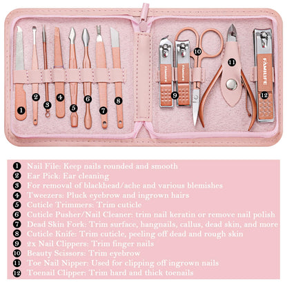 FAMILIFE Manicure Set, Nail Professional Kit Manicure Kits Nail Clipper Sets, 13PCS Stainless Steel Pedicure Sets Mens Grooming Tool, with Brown Leather Travel Case for Men