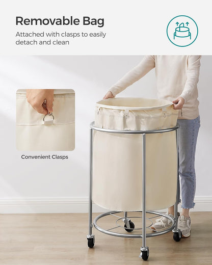 SONGMICS Rolling Laundry Basket - 50.2-Gallon Heavy-Duty Hamper Cart with Steel Frame & Locking Wheels - Cream White & Metallic Silver