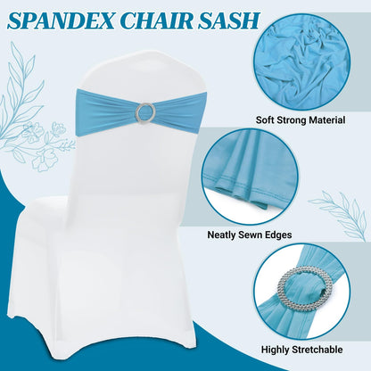 MDS Spandex Chair Sashes - Premium Stretch Covers with Buckle Slider for Weddings & Events | Blue, Pack of 75