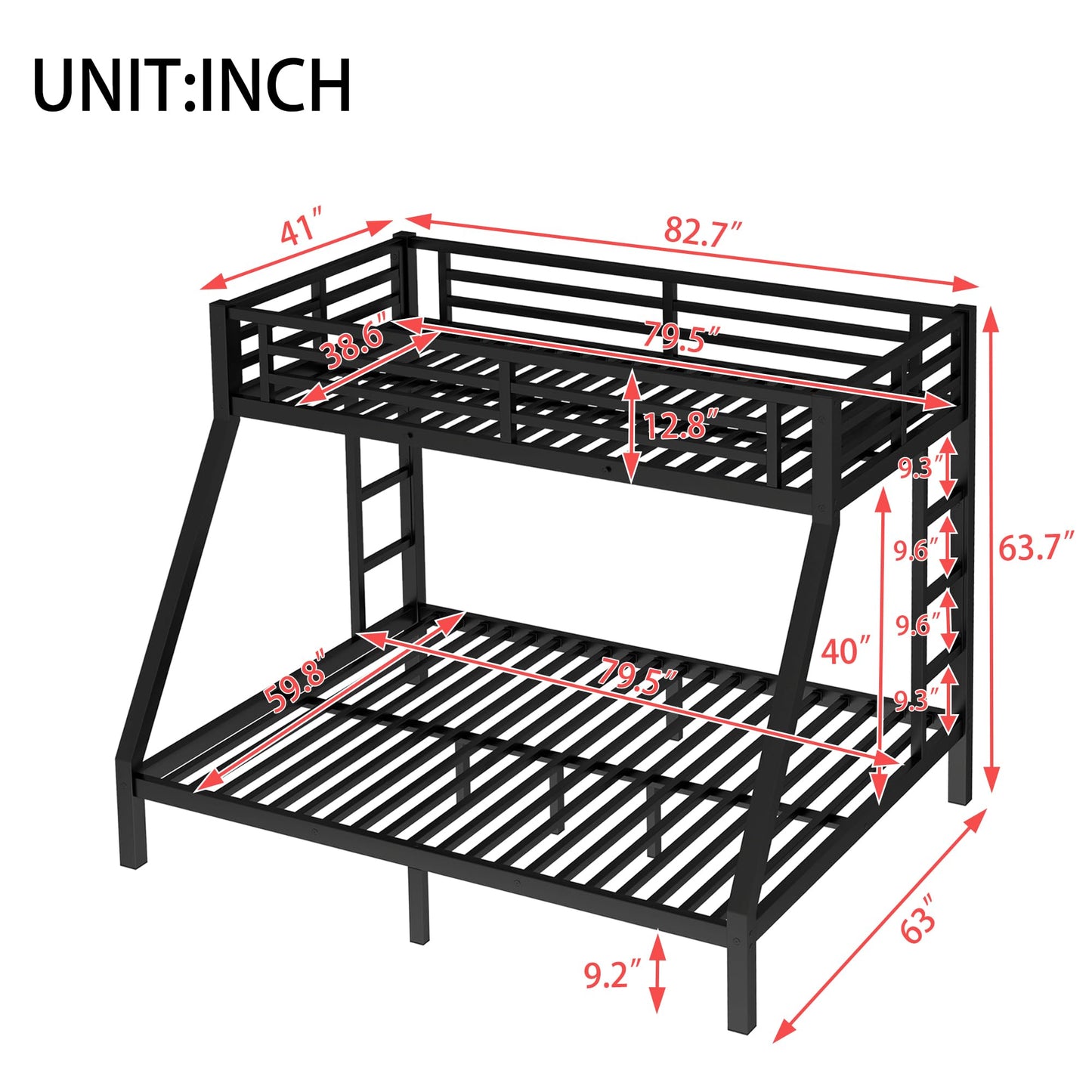 Bellemave Twin XL Over Queen Bunk Beds, Heavy Duty Metal Bunk Bed Frame for Kids, Adults, Black