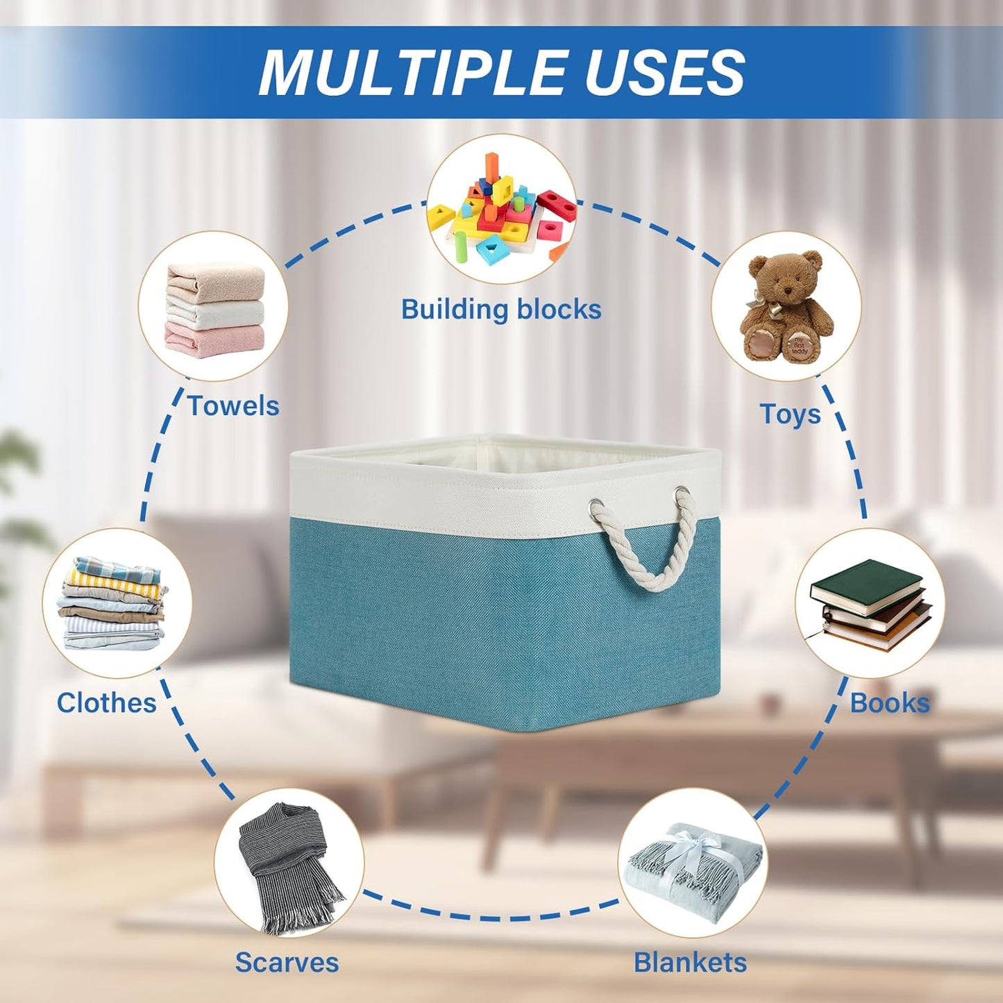 Temary Fabric Storage Baskets 4 Pack, Decorative Bins with Rope Handle for Gift, Clothes, Blankets (White & Teal,