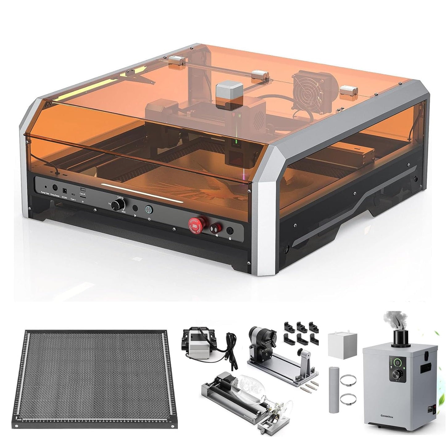 Genmitsu L8 20000mW Laser Engraver+MD18 Rotary Roller, MD19 Flat Rotary Roller, MD13 MD13 Smoke Purifier, Laser Safety Class 1
