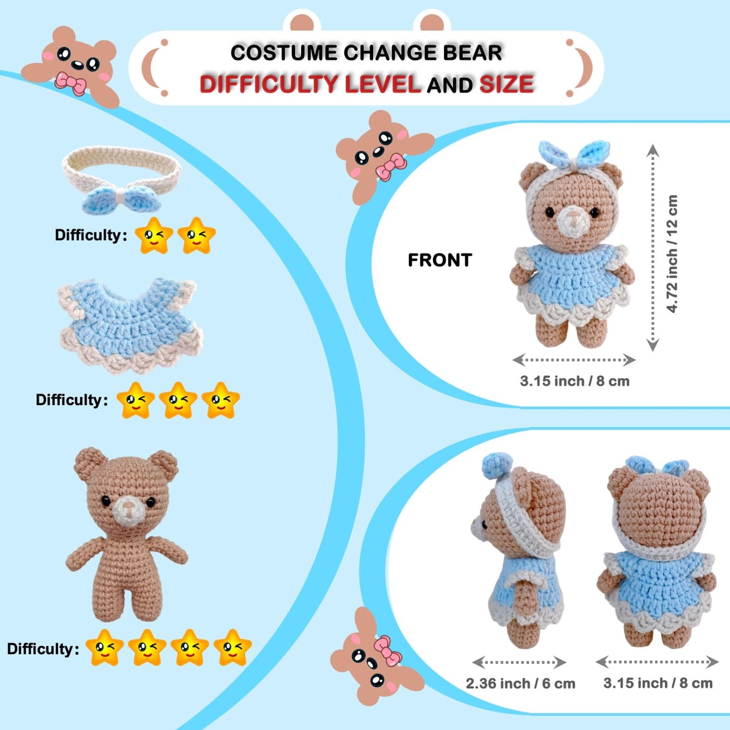 LoopMap Amigurumi Crochet Kit for Beginners with Removable Dress & Video Tutorials, DIY Bear Making Kit Includes Premium Yarn & Tools, Creative Gift for Adults Teens (Blue)