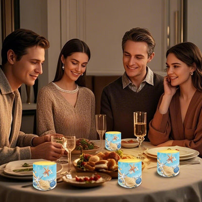 NETILGEN 4 Packs Flameless Candles with Remote Timer Color Changing Realistic Flickering Flameless Candles Set of 4 Battery Operated Candles Beach Seashell Starfish Print