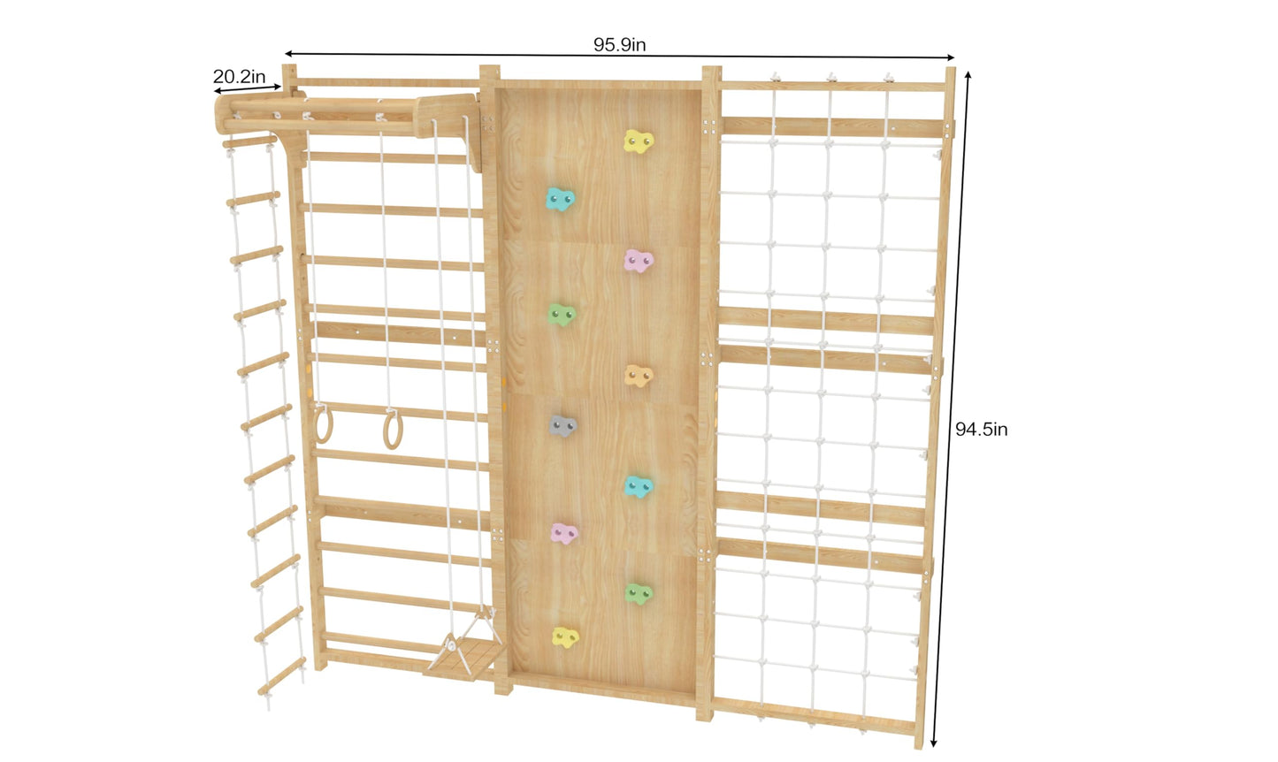 Avenlur Walnut Modular 9-in-1 Swedish Ladder Wall Gym & Climber – Montessori Indoor Playset with Rock Wall, Rope Net, Slide, Swing & Monkey Bars | Kids Climbing Gym for Toddlers & Children