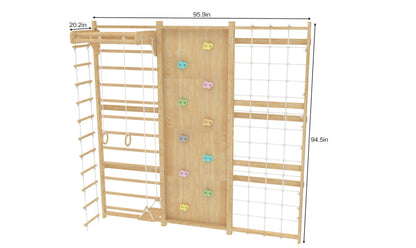 Avenlur Walnut Modular 9-in-1 Swedish Ladder Wall Gym & Climber – Montessori Indoor Playset with Rock Wall, Rope Net, Slide, Swing & Monkey Bars | Kids Climbing Gym for Toddlers & Children