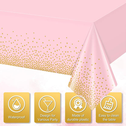 1 Pack 54x108" Pink and Gold Plastic Tablecloth for Parties, Pink Disposable Table Cloth for Rectangle Tables, Gold