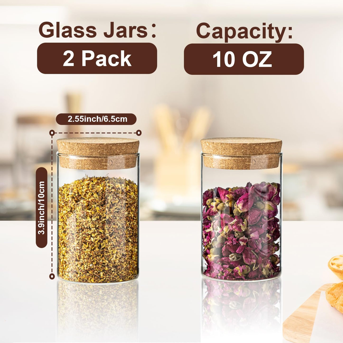 wangsdjy 10oz Glass Storage Container - Airtight Glass Jars with Cork Lid, Spice Jars, Candy Jar, Food Storage Jars for Candy, Spices, Coffee, Tea, Nuts (2PCS)