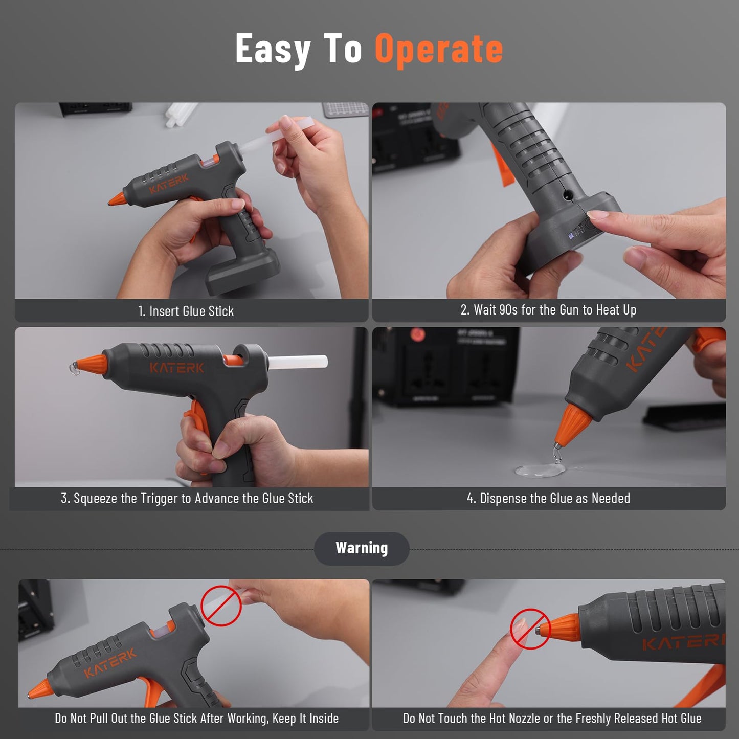 Katerk 12V Full Size Cordless Hot Glue Gun with 24 Glue Sticks, Drip-Free Fast Heating Rechargeable and Heavy Duty Battery Operated Glue Gun and Sticks Sets 11mm x24 for Crafts DIY, Repair, Gift