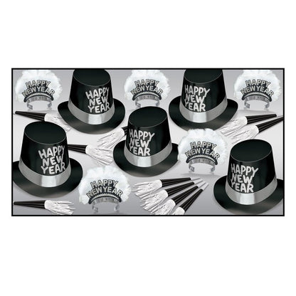 Beistle Tuxedo-Nite New Years Eve Party Assortment for 10 People- NYE Glittered Top Hats, Feathered Tiaras, Tassel Horns, Made in USA Since 1900