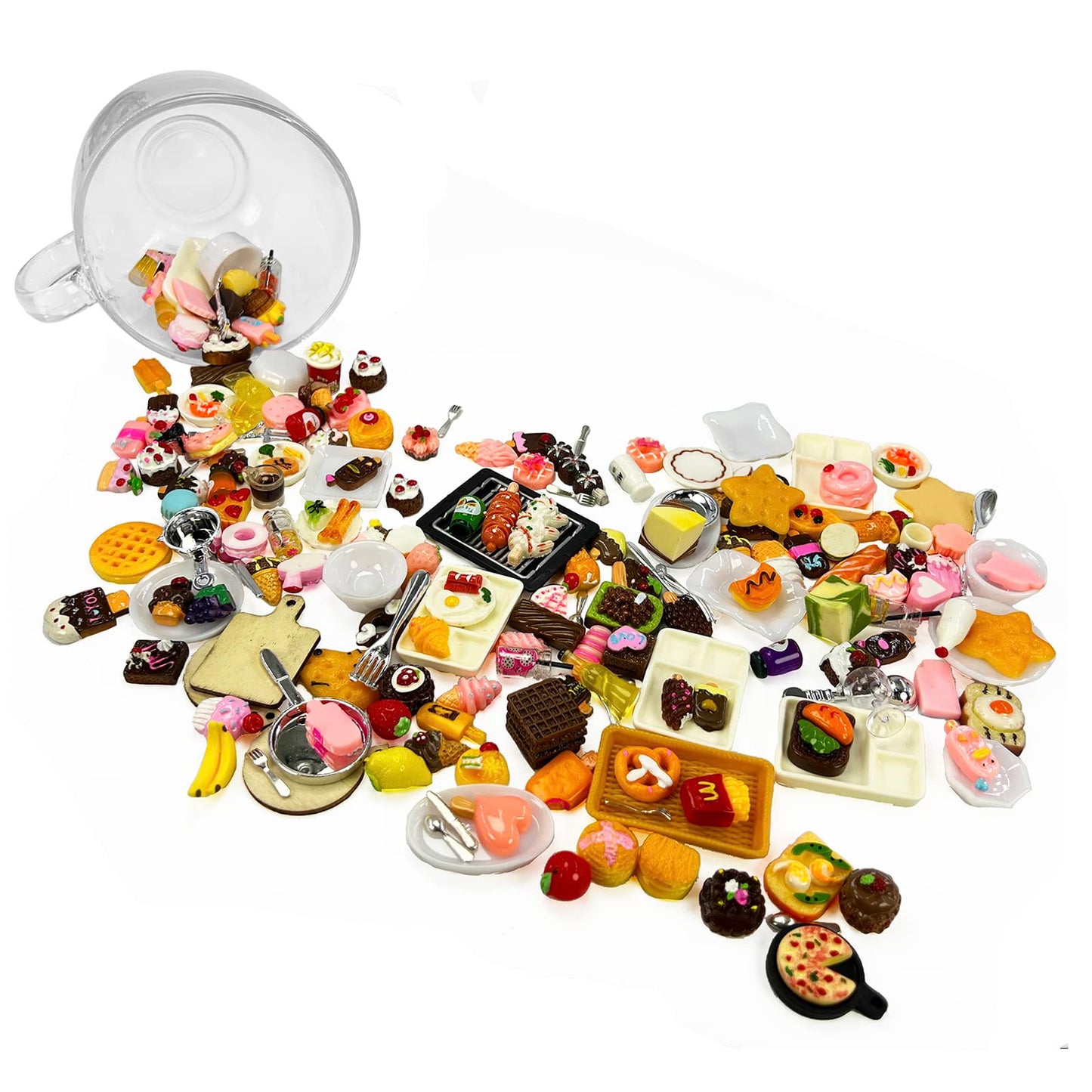 HUADELAIMA 200 Piece Dollhouse Miniature Food Pretend Fast Food Toy Set Burger Fries Milk Cake Egg Bread Pizza Coffee etc Doll Food Kitchen Accessories Toys Kids Party Accessories Restaurant