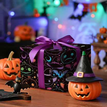 LeZakaa Halloween Pumpkin Wrapping Paper Roll, 13" Gift Bag with Tissue Paper, Gift Tag, and Card, Evil Pumpkin Fluorescent Black Design for Halloween, Holidays, Party