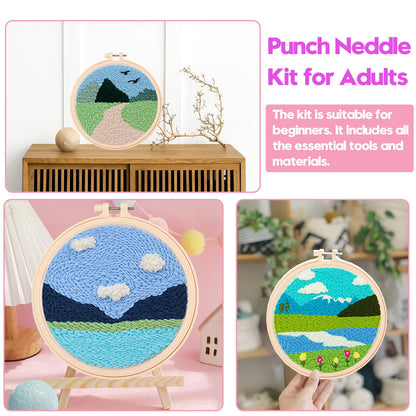 Cheloment 3 Sets Punch Needle Kits for Beginners,Includes Needles,Pattern Fabric,Yarns and Hoops, Needle Punch Kits for Adults&Kids,Easy to Learn,Stress Relief,Great for Home Decor