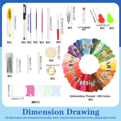 Glarks 210Pcs Embroidery Cross Stitching Punch Needle Kit, 100 Colors Threads Full Range of Embroidery Starter Kit Including Magic Embroidery Pen, Needles, Cross Stitch Tools Set for Beginners Adults
