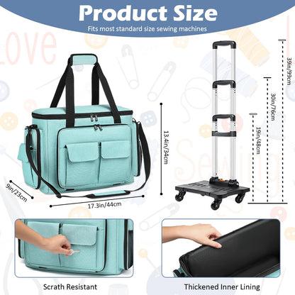 SLINRKE Sewing Machine Case with Wheels - Rolling Sewing Machine Tote with Removable Bottom Pad & Multiple Storage Pockets, Compatible with Singer & Brother (Teal)