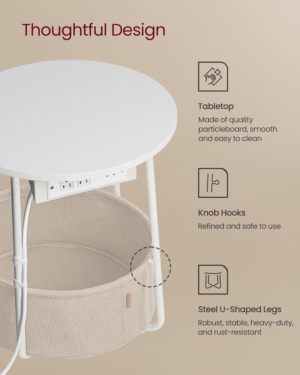 ULET228W01 VASAGLE LILEA Collection - Side Table with Charging Station, Round End Table with Fabric Basket, Nightstand