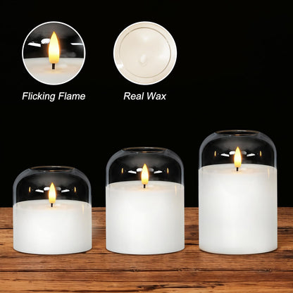 Homemory Glass Flameless Candles, Battery Operated Plliar Candles Realistic Flickering, LED Electric Light with Remote and Timer for Home, Christmas Decoration, White, Set of 3