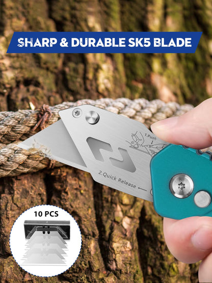 BIBURY Utility Knife, Heavy Duty Folding Box Cutter, Pocket Carpet Cutter Knife with 10 Extra SK5 Stainless Steel Blades, Easy Release Button, Belt Clip, Quick Change and Safety Lock-Green