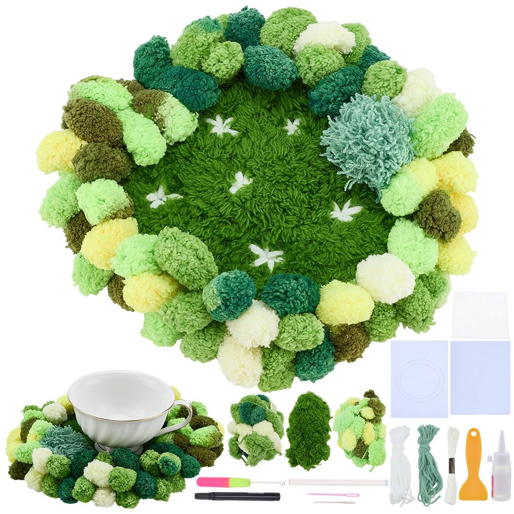 WEBEEDY 3D Moss Latch Hook Coaster Kit DIY Latch Hook Set with Hooks Mesh and Instruction for Adults Beginners, DIY Drink Coasters Needlework Craft for Home Christmas Decor Gift, 7.9x9.1 Inch