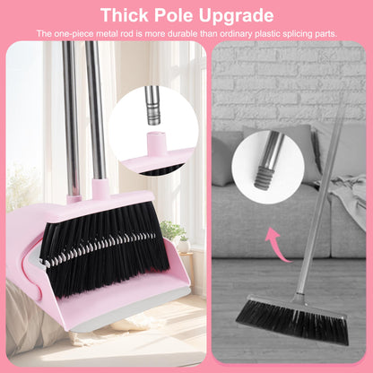 Pink Broom and Dustpan Set for Home, 52-in Long Handle Broom with Dustpan Combo with Dustpan Teeth Easy to Scrape Off Pet Hair, Indoor&Outdoor Sweeping（Pink）