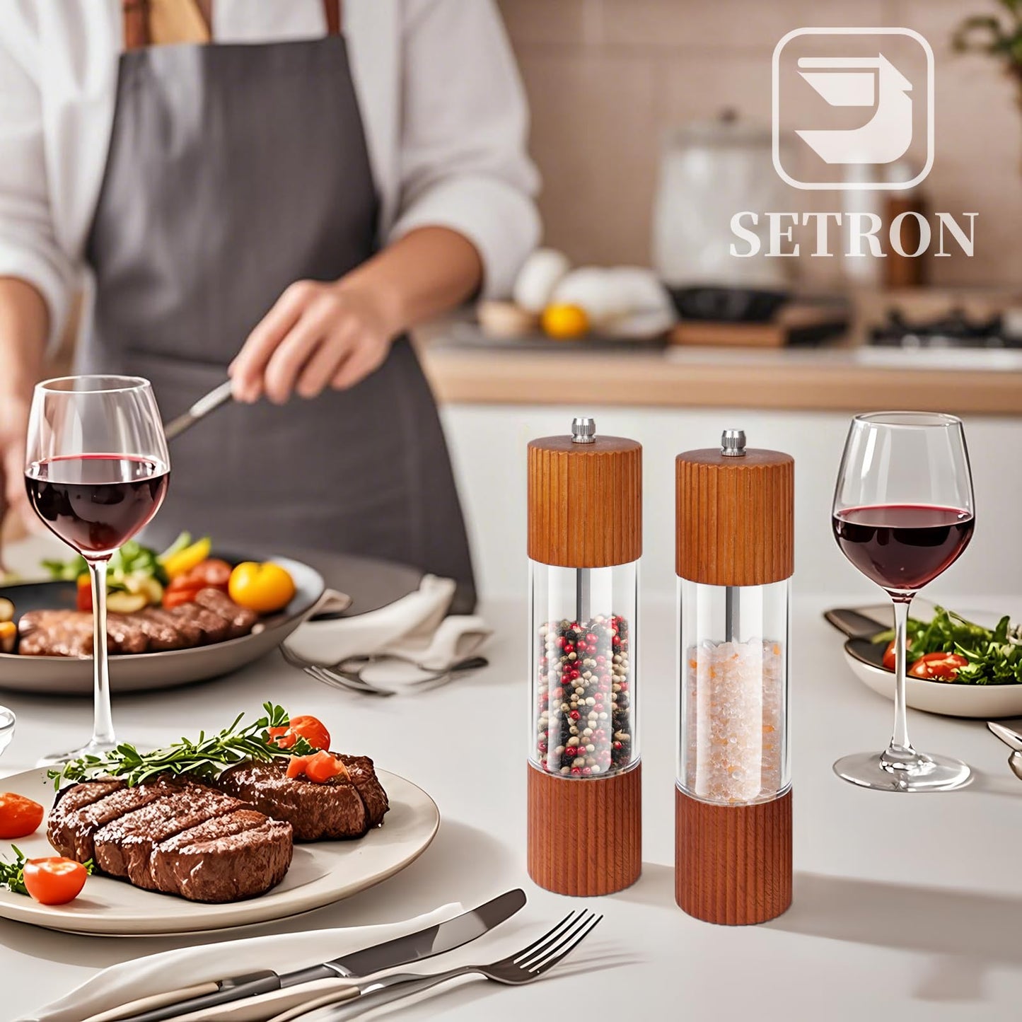 SETRON Acacia Wooden Salt and Pepper Grinder Set, 8 Inches Refillable Salt and Pepper Mills with Adjustable Ceramic Core, Manual Salt and Pepper Shakers for Kitchen Cooking and Gifts