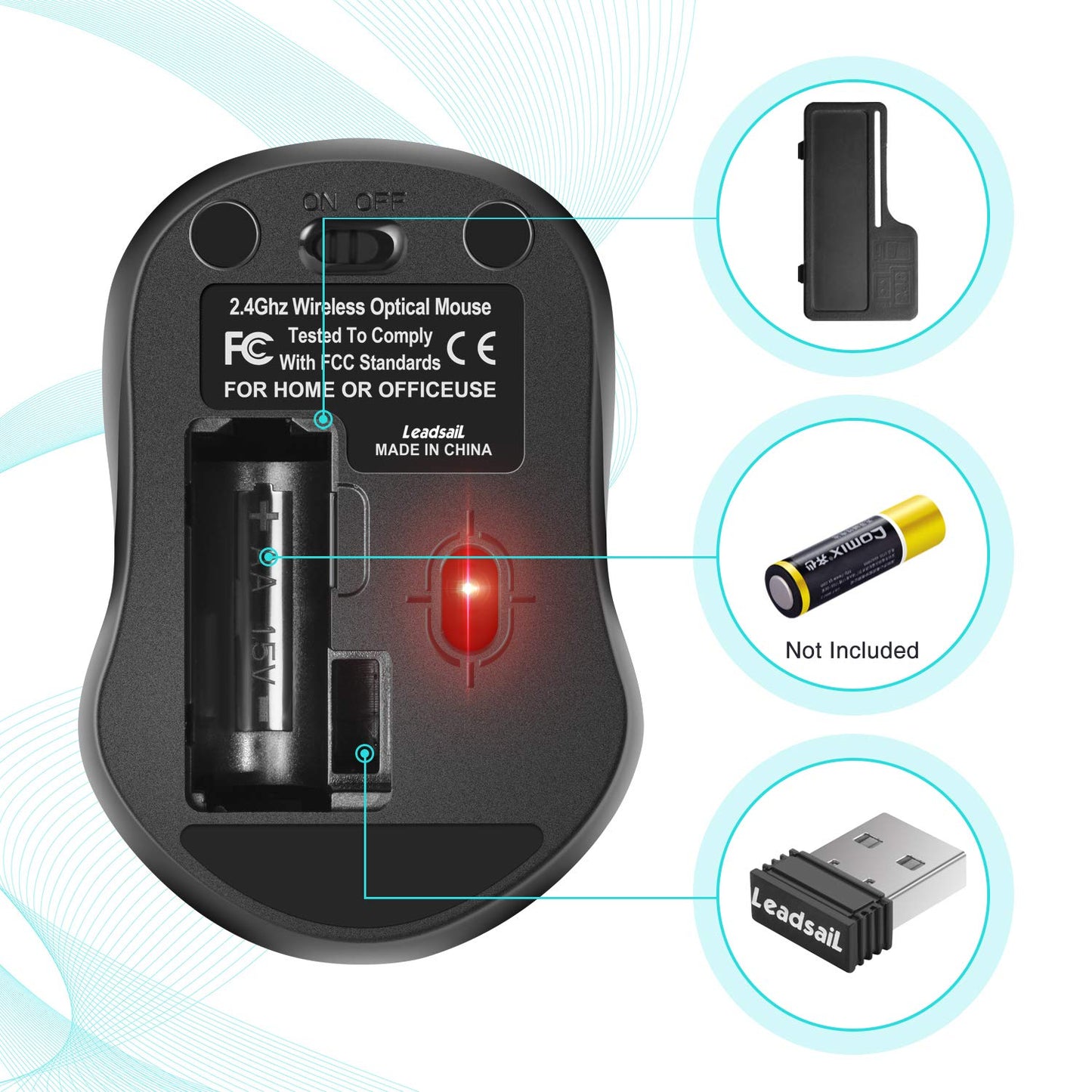 LeadsaiL Wireless Computer Mouse, 2.4G Portable Slim Cordless Mouse Less Noise for Laptop Optical Mouse with 4 Buttons for Laptop, Desktop, MacBook