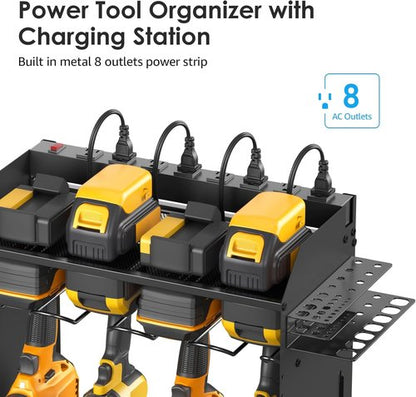 CCCEI Modular Power Tool Organizer - Wall Mount Charging Station for 8 Cordless Drills | Black Utility Rack with Hooks