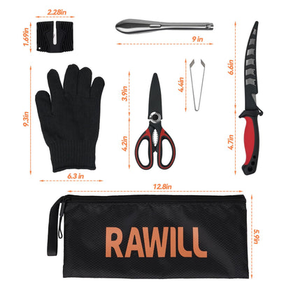 RAWILL Fish Cleaning Kit 7pcs with Fillet Knife for Fish, Cut-Resistant Gloves, Fishing Scale Brush, Fishbone Twaeezers, Multi-Purpose Scissors, Knife Sharpening Stone with Storage Bag