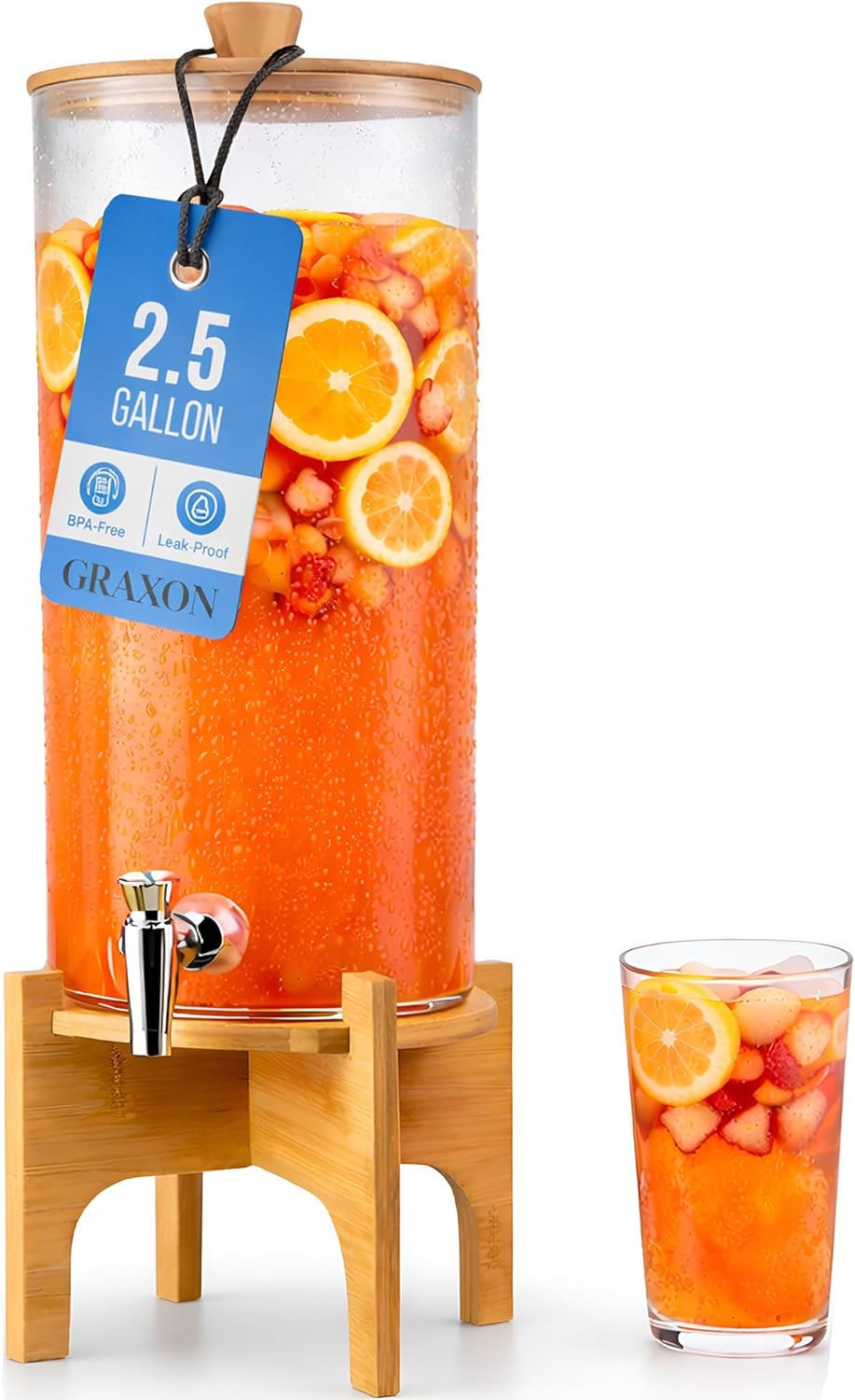 GRAXON (2.5 Counter Drink Dispenser with Bamboo Stand & Spigot Gallon) Large Plastic Beverage Dispenser for Parties