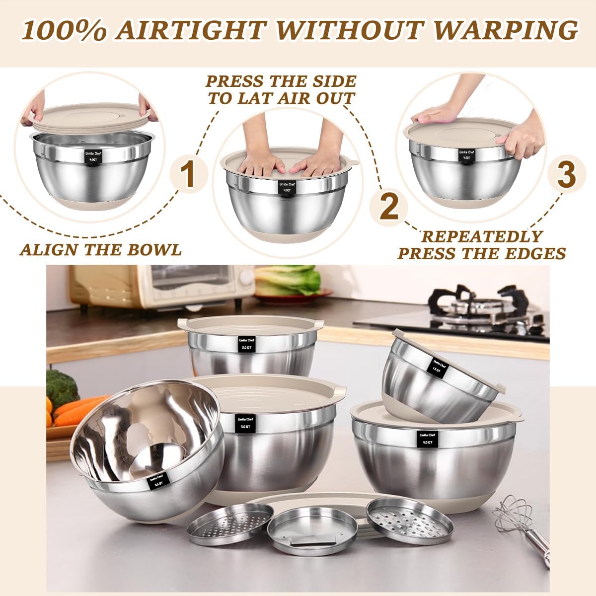 Umite Chef Mixing Bowls Set - 8PCS Stainless Steel Nesting Bowls with Airtight Lids & Grater | Non-Slip Bottoms, 1.5QT to 5QT