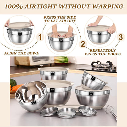 Umite Chef Mixing Bowls Set - 8PCS Stainless Steel Nesting Bowls with Airtight Lids & Grater | Non-Slip Bottoms, 1.5QT to 5QT