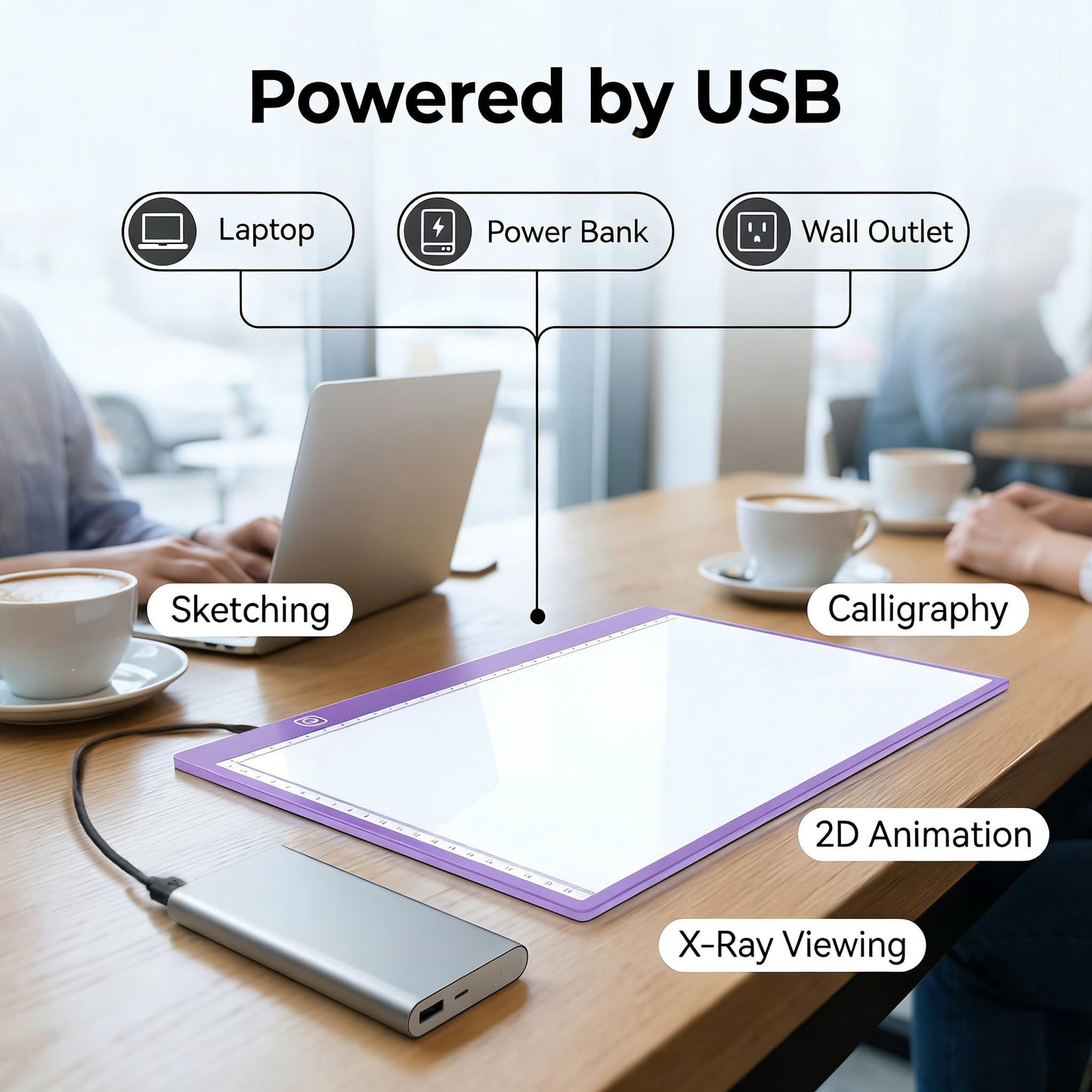 A4 Ultra-Thin LED Light Pad with Scale - 5000 Lux Stepless Dimmer Light Box for Diamond Painting, Tracing & Sketching - USB Powered Portable Light Table for Artists, Tattoos & Animation - Purple