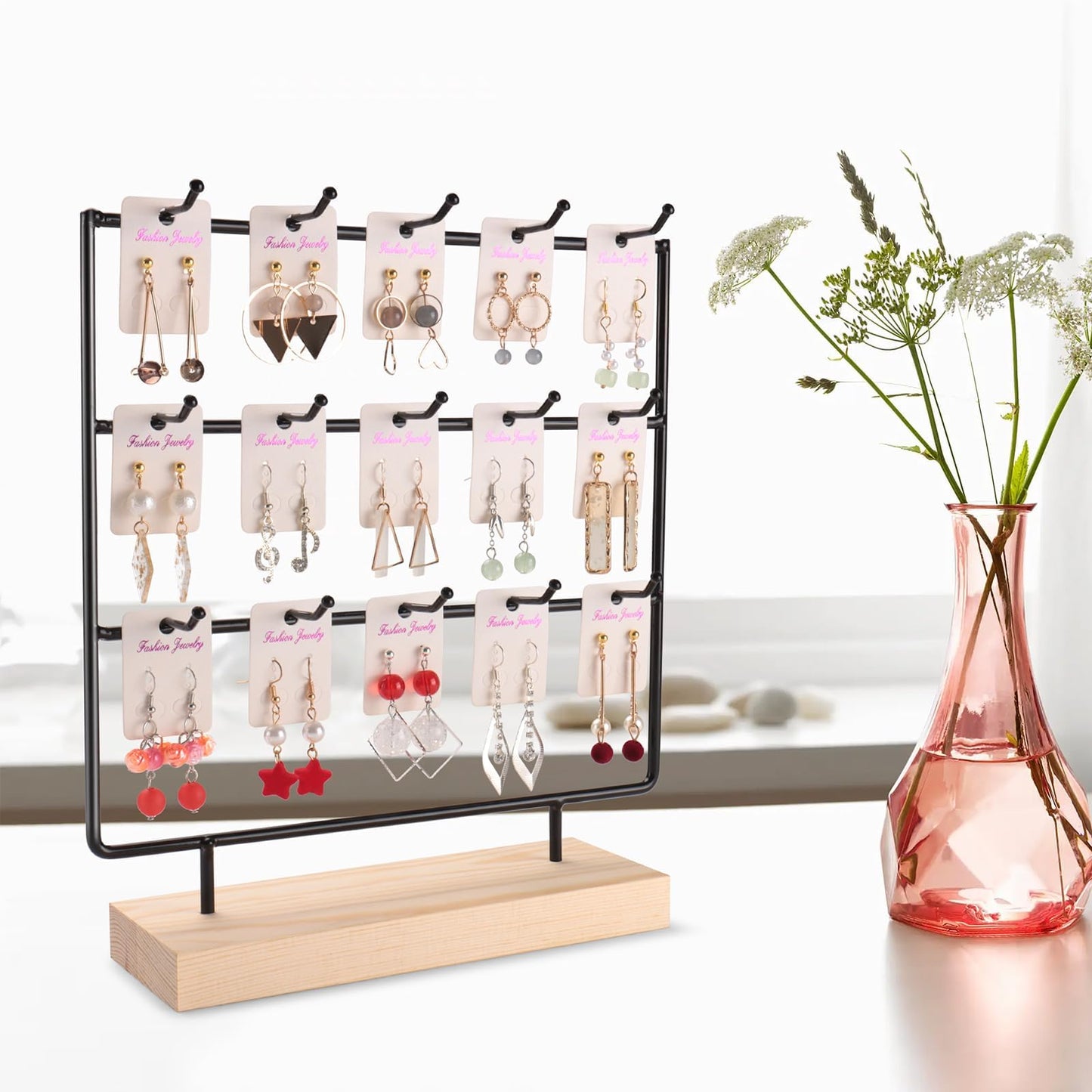 shidaishiye Earring Display Stand for Selling, Wood Earring Rack Tower Display Holder Stand (3 Tier,15 Hooks, Black)