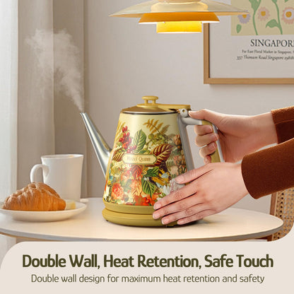 Hazel Quinn Retro X Eduardo Recife Collaboration Electric Kettle- 1 Litres / 34 Ounces Retro Small Tea Kettle, Double Wall, 304 Stainless Steel, 800W Fast Boiling, Cordless, BPA-Free, Auto Shut-Off