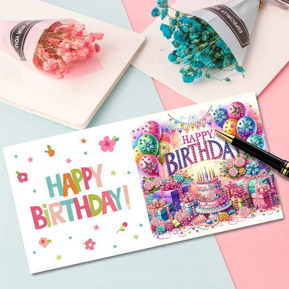 DIY Diamond Greeting Cards Set, 5D DIY Diamond Art Painting Festival Style Greeting Card, DIY Christmas Card Making Kits for Family Friends Handmade Gift-#28-Birthday