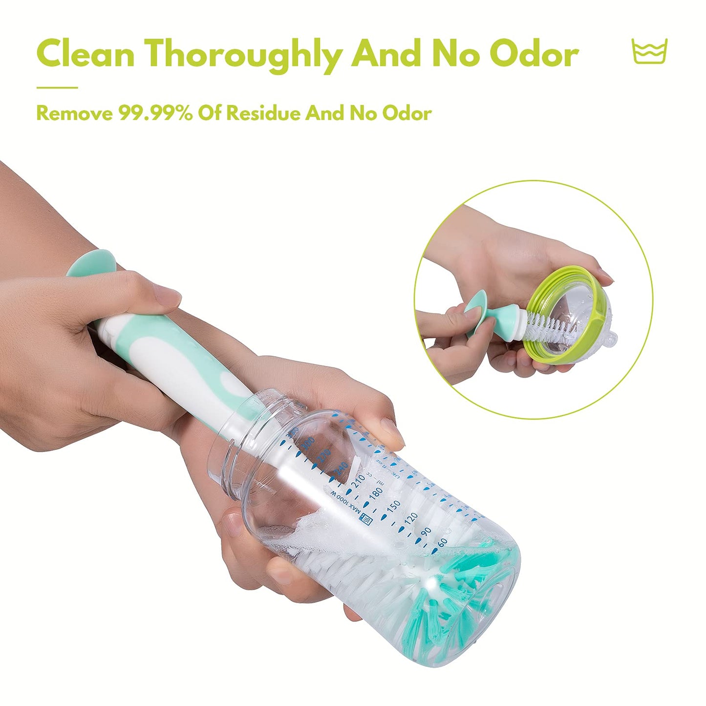 CAREBABYMORE Baby Bottle Brush with One Base Hidden Nylon Nipple Cleaner, 2 Pcs Sponge Nipple Brushes, 2 Pcs Straw Brushes, Bottle Brush with Nipple Cleaner and Suction Cup (Green)