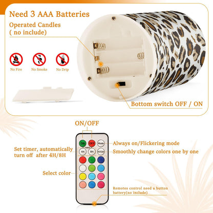 GUIJI Leopard Print - White Flameless Candles, Set of 2, Battery Operated, Pillar Candles for Home Decoration, Christmas, Party