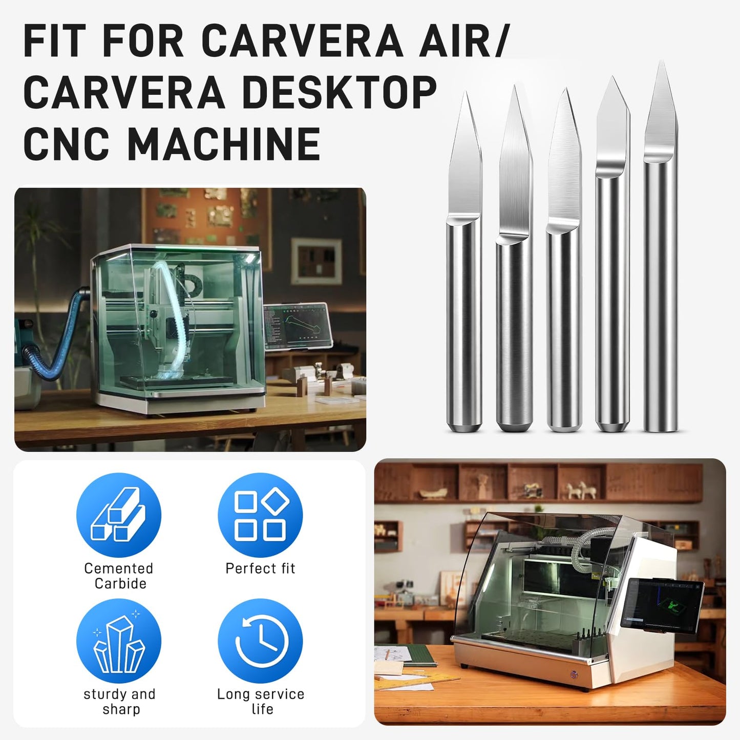YIBEICO 5PCS CNC Wood Carving Router Bit Set for Carvera/Carvera Air Desktop CNC Machines,Suitable for CNC Machines, high Precision CNC Drilling Tools (Single Flute Engraving Bit)