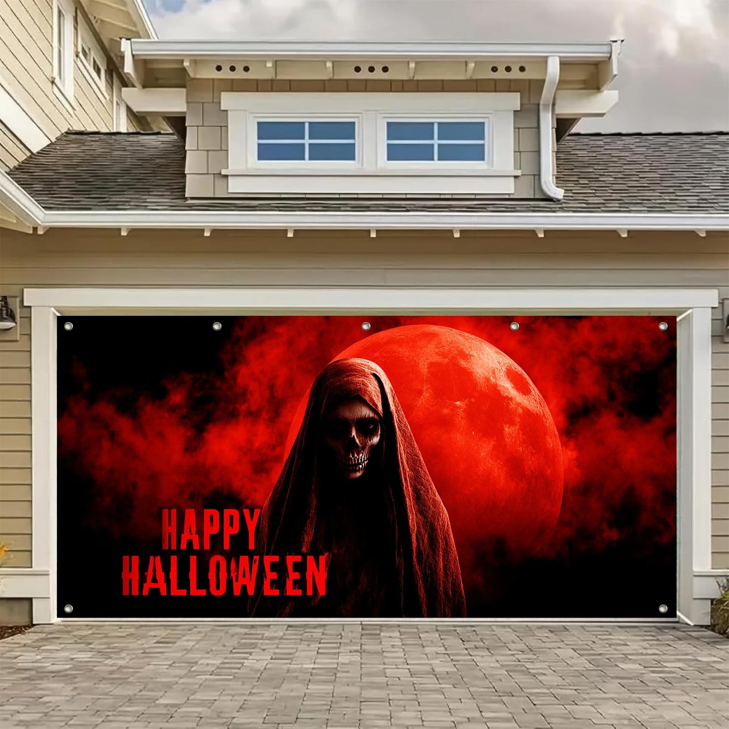 HOMETITUTE Halloween Garage Door Banner 13x6ft Grim Reaper Skeleton Blood Moon Decor Spooky Halloween Sign Horror Wall Cover Scary Door Backdrop Creepy Haunted House Outdoor